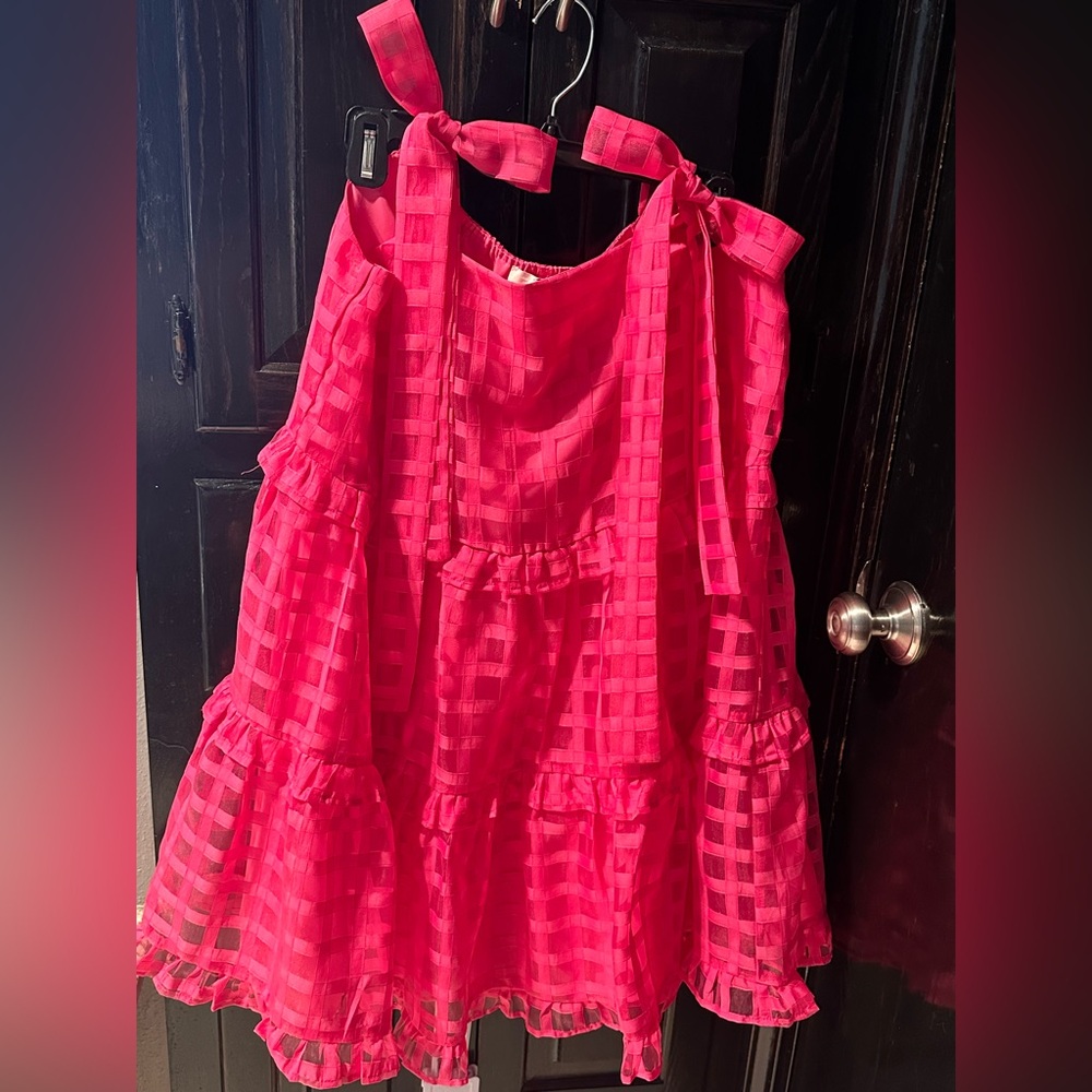 Entro Fuchsia Checkered Bow Tie Ruffle dress